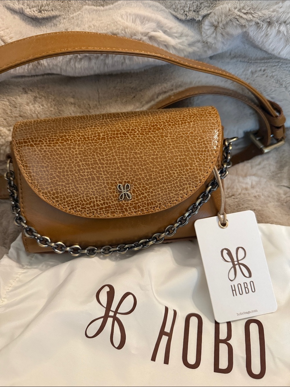 HOBO Cognac Textured Leather Belt Bag with Chain Accent - Picture 4 of 7